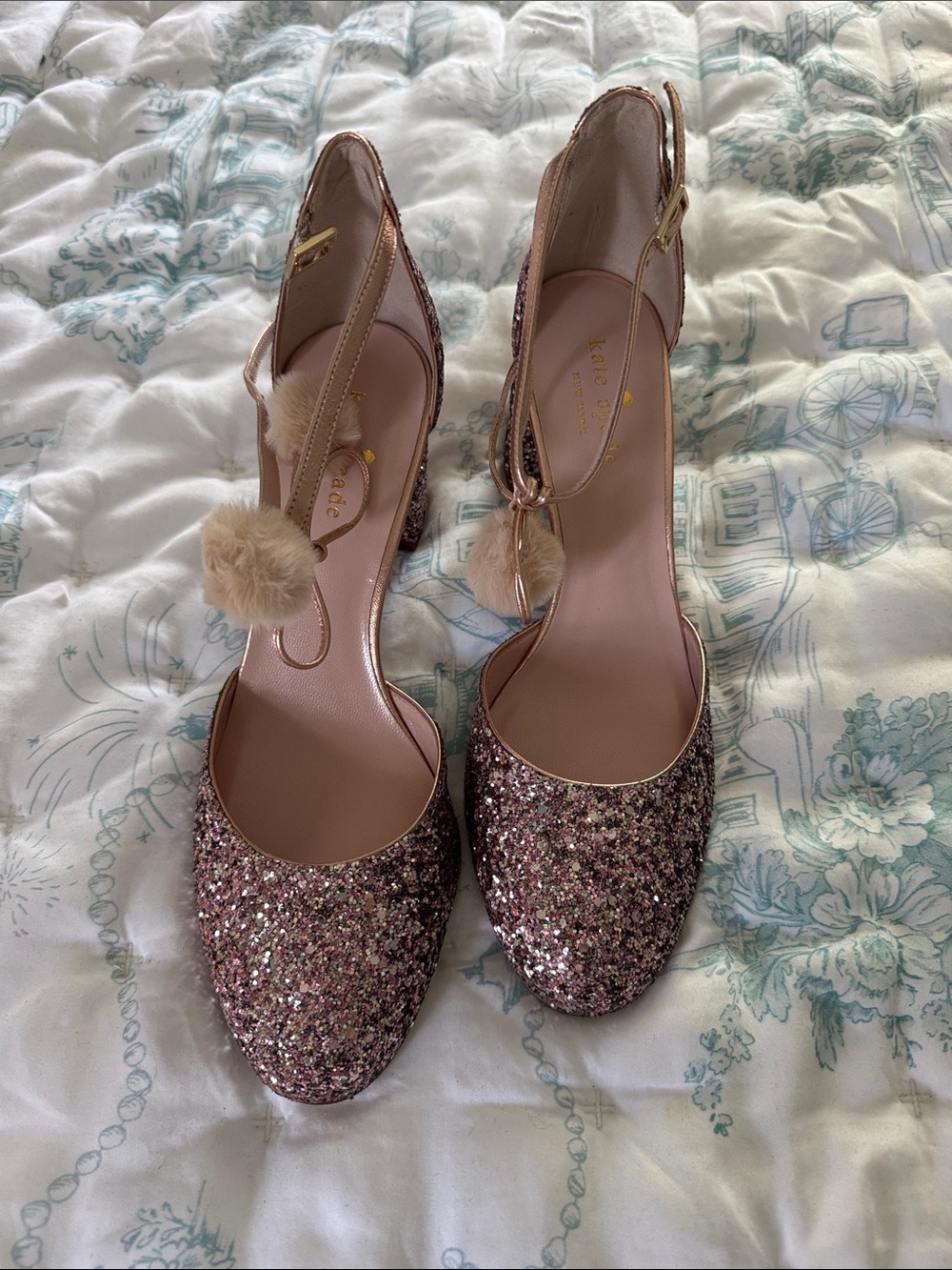 kate spade Rose Gold Pink Glitter Pom-Pom Slingback Heels